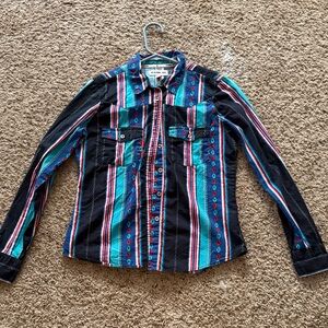 Women’s Striped Button-Down Shirt - Black, Blue, and Red